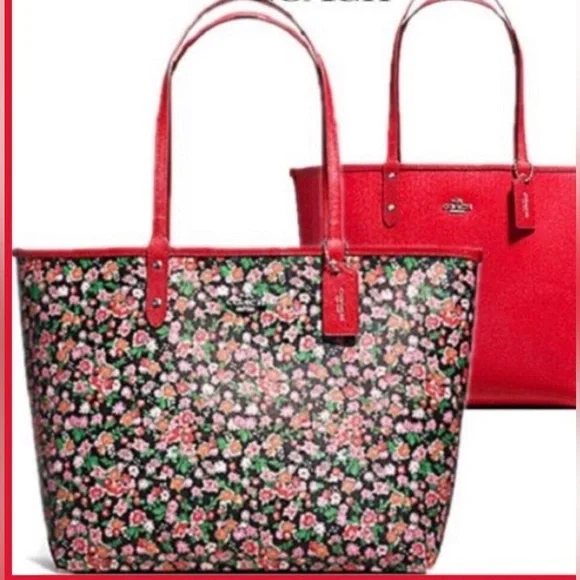 Coach Reversible Red and Pink Floral Tote Bag with wristlet. - Picture 8 of 16
